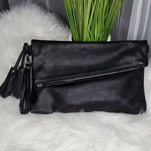 Foldover Leather Clutch with Tassel